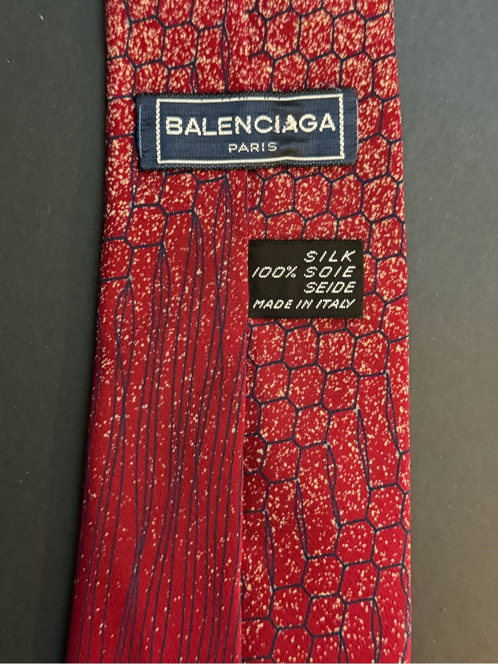 Vintage 80’s BALENCIAGA Men's Silk Tie Red Blue Geometric Pattern Made in Italy